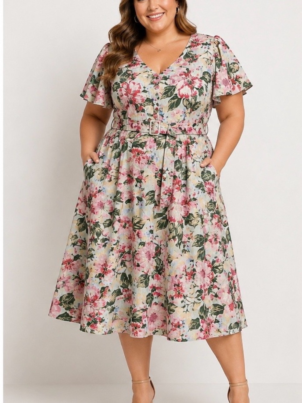 a new day Pink Floral V-Neck Belted Midi Dress